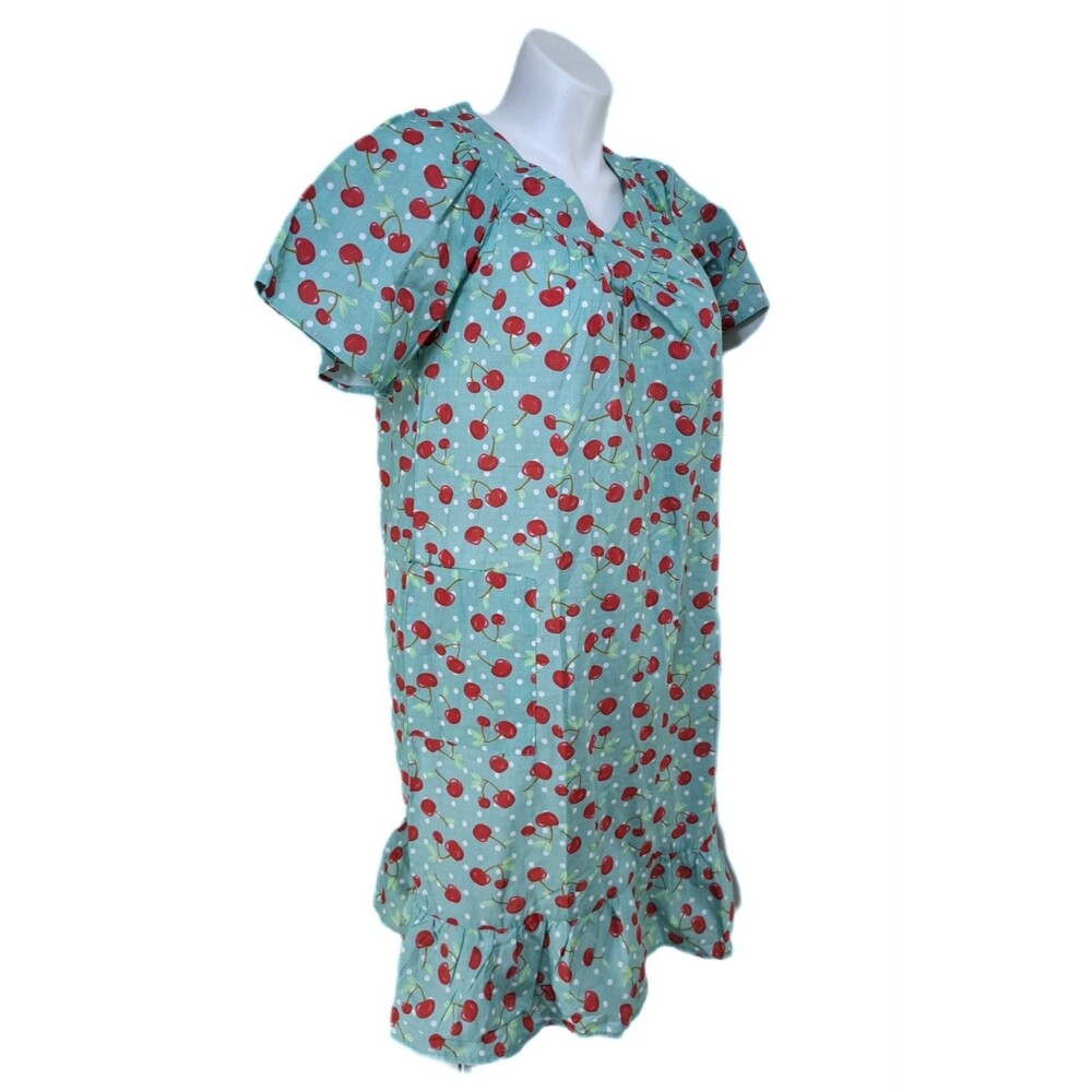 Anthony Richards VTG Teal Cherries Mumu Patio House Dress Midi Women's Size MP - Picture 2 of 9